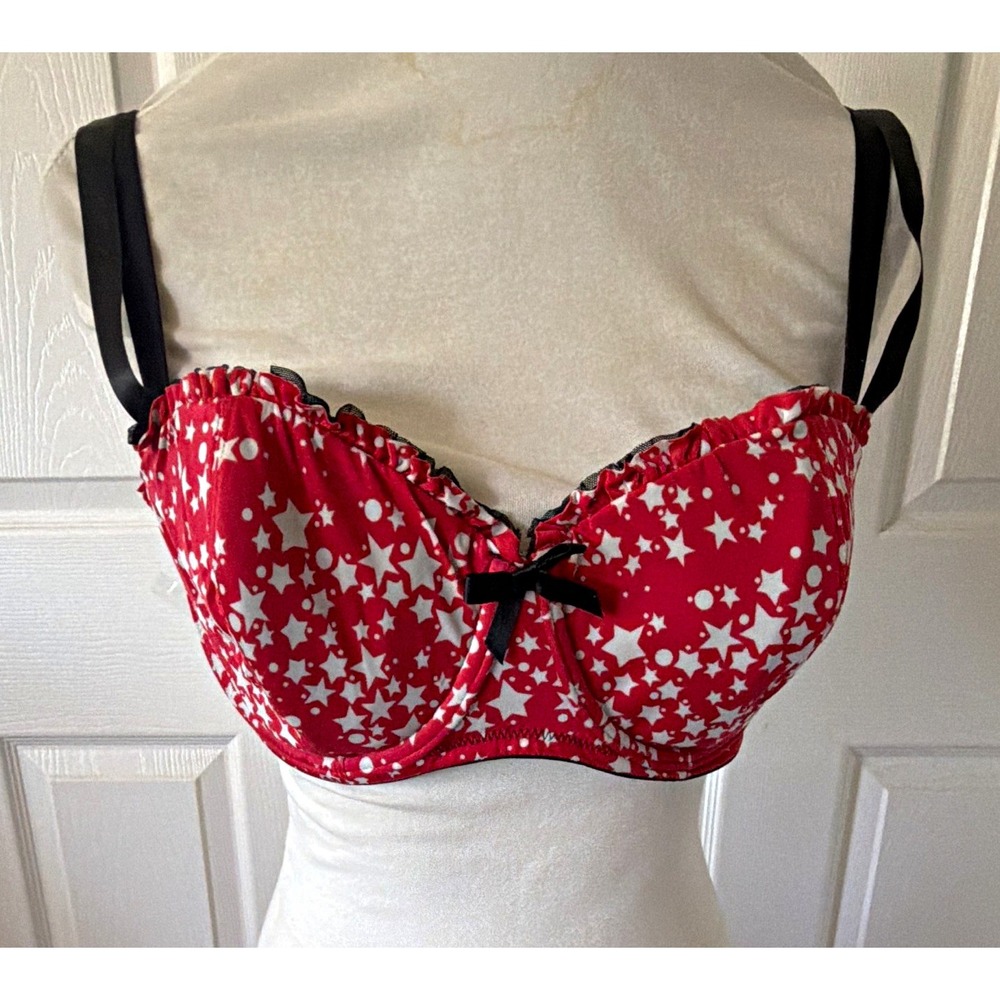 Cacique Intimates 40D Balconette Underwire Bra Star Print Red White Black Bow